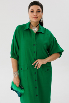 Льняное платье-рубашка, свободный крой, яркий зеленый Anelli 1456 малахит - фото 2
