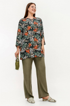 Летняя туника с разрезами и шнуровкой V-образным вырезом La rouge 9070 листья-набивной - фото 3