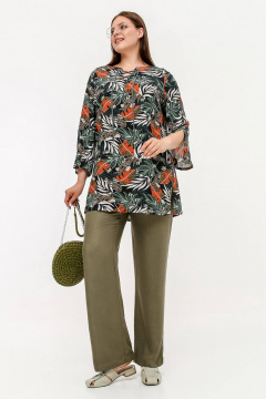 Летняя туника с разрезами и шнуровкой V-образным вырезом La rouge 9070 листья-набивной - фото 2