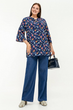 Туника с разрезом, V-вырезом, расширенным рукавом 7/8 La rouge 9070 синий-(бокалы) - фото 2