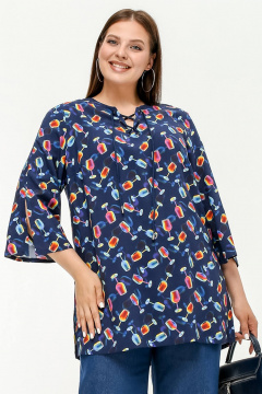 Туника с разрезом, V-вырезом, расширенным рукавом 7/8 La rouge 9070 синий-(бокалы) - фото 1