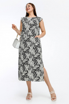 Летнее платье трапециевидного силуэта с контрастной окантовкой La rouge 5470 бежево-черный-(цветы) - фото 1