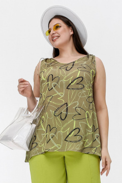 Расширенный топ с шнурками в плечах, креш-шифон, зеленый La rouge 3352 хаки-(сердечки) - фото 1