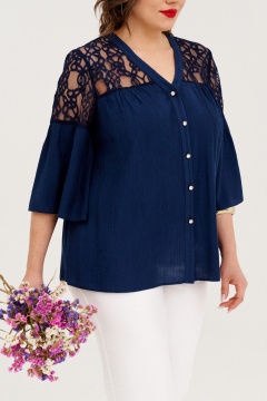 Блуза и брюки из вискозы и текстиля с гипюром летний комплект Almirastyle 356 белый, синий - фото 5