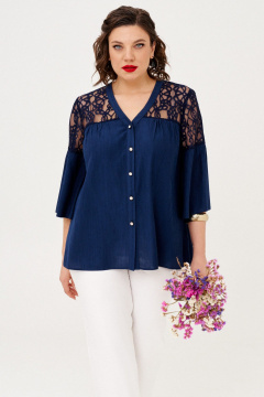 Блуза и брюки из вискозы и текстиля с гипюром летний комплект Almirastyle 356 белый, синий - фото 3