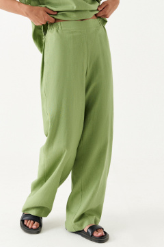 Льняные широкие брюки с резинкой и карманами Панда 180860w оливковый - фото 3