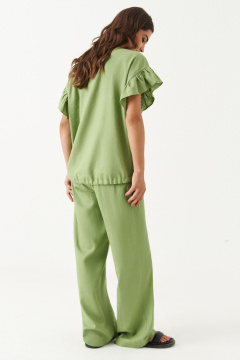 Льняные широкие брюки с резинкой и карманами Панда 180860w оливковый - фото 4