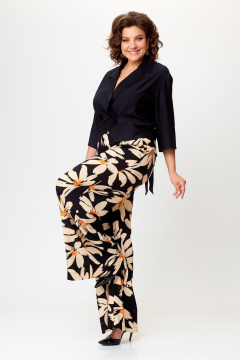 Костюм из вискозных брюк и жакета с лацканами и поясом Michel chic 1375 черный,ромашка - фото 4