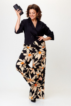 Костюм из вискозных брюк и жакета с лацканами и поясом Michel chic 1375 черный,ромашка - фото 1