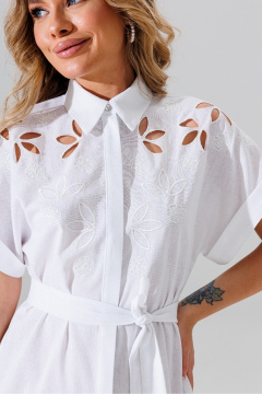 Платье свободного кроя из льна с вышивкой и поясом Faufilure C1657 белый - фото 3