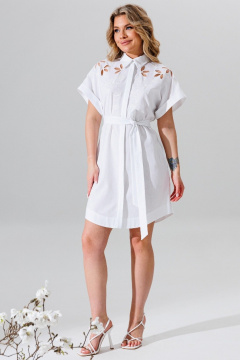 Платье свободного кроя из льна с вышивкой и поясом Faufilure C1657 белый - фото 2