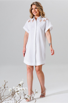 Платье свободного кроя из льна с вышивкой и поясом Faufilure C1657 белый - фото 1