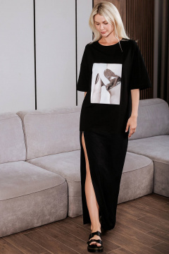 Летнее женское платье-футболка с разрезом черное BUNABOUTIQUE 2102 - фото 2