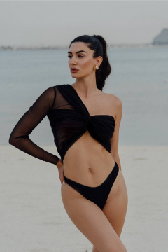 Черный сетчатый топ «Афродита» с лентой и асимметрией JuNi Brand TP-BL-FL-S-03 черный - фото 3