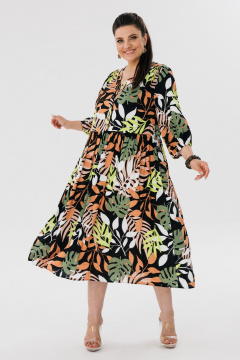 Платье миди мультиколор с V-вырезом и рукавом-реглан Anelli 1454 монстера - фото 1