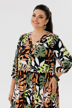 Платье миди мультиколор с V-вырезом и рукавом-реглан Anelli 1454 монстера - фото 2