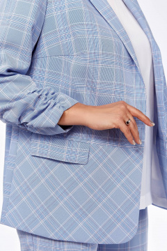 Комплект жакет брюки блуза деловой стиль демисезонный Ольга Стиль С-614 серо-голубая+клетка - фото 5
