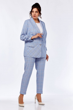 Комплект жакет брюки блуза деловой стиль демисезонный Ольга Стиль С-614 серо-голубая+клетка - фото 3