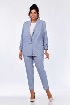 Комплект жакет брюки блуза деловой стиль демисезонный Ольга Стиль С-614 серо-голубая+клетка - фото 1