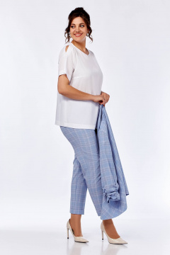 Комплект жакет брюки блуза деловой стиль демисезонный Ольга Стиль С-614 серо-голубая+клетка - фото 2