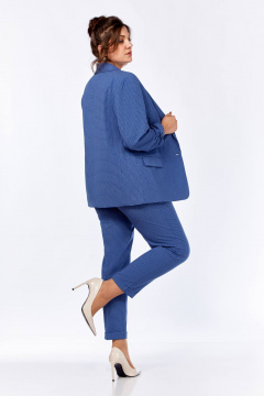 Комплект жакет брюки блуза деловой стиль демисезонный Ольга Стиль С-614 синий+клетка - фото 3