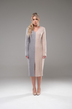 Платье трикотажное зауженное с V-образным вырезом и длинными рукавами Galean Style 950 серый/беж - фото 5