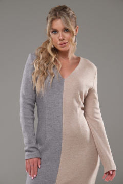 Платье трикотажное зауженное с V-образным вырезом и длинными рукавами Galean Style 950 серый/беж - фото 4