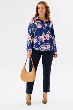 Блуза женская из атласной ткани с воротником стойкой и рукавом Anastasia 1134.1 синий(принт_цветы) - фото 3