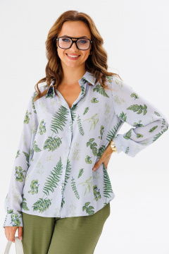 Блуза летняя из блузочной ткани с воротником и коротким рукавом Anastasia 1134.1 серо-голубой(растительный_принт) - фото 4