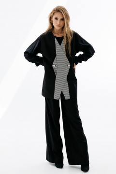 Деловой трёхпредметный костюм из текстиля с жилетом и галстуком NikVa 708-2 чёрный+чёрно-белая_гусиная_лапка - фото 5