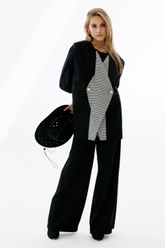 Деловой двубортный жилет оверсайз с карманами-листочками NikVa 709-2 чёрный+чёрно-белая_гусиная_лапка - фото 4