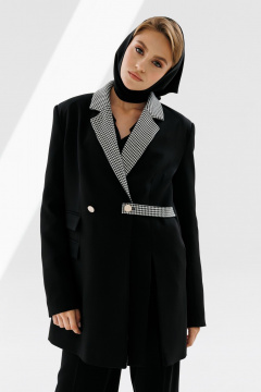 Деловой костюм 3 предмета из текстиля с жакетом и брюками NikVa 711-2 чёрный+чёрно-белая_гусиная_лапка - фото 5
