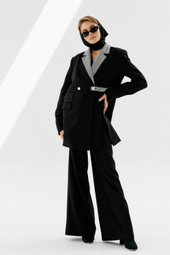 Деловой костюм 3 предмета из текстиля с жакетом и брюками NikVa 711-2 чёрный+чёрно-белая_гусиная_лапка - фото 4