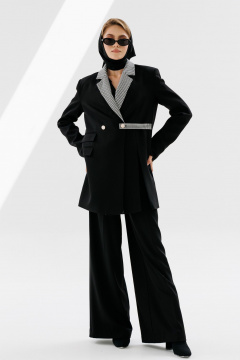 Жакет двубортный свободного объема из текстиля NikVa 712-2 чёрный+чёрно-белая_ гусиная_лапка - фото 2