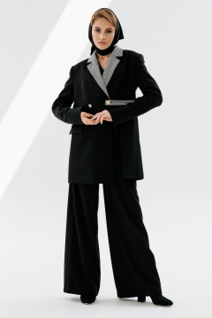 Жакет двубортный свободного объема из текстиля NikVa 712-2 чёрный+чёрно-белая_ гусиная_лапка - фото 1