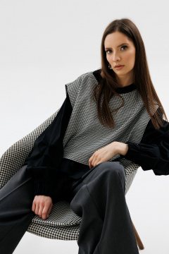 Рубашка и манишка прямого кроя с защипами и широким низом NikVa 716-1 чёрный+чёрно-белая_гусиная_лапка - фото 5