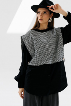 Рубашка и манишка прямого кроя с защипами и широким низом NikVa 716-1 чёрный+чёрно-белая_гусиная_лапка - фото 3