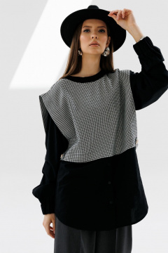 Рубашка и манишка прямого кроя с защипами и широким низом NikVa 716-1 чёрный+чёрно-белая_гусиная_лапка - фото 1