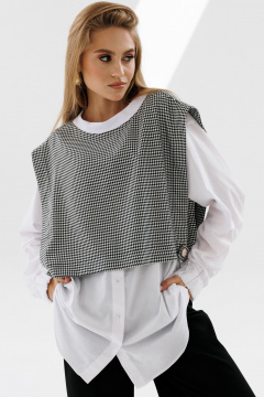 Рубашка и манишка прямого кроя с защипами и аккуратным вырезом NikVa 716-2 молоко+чёрно-белая_гусиная_лапка - фото 1