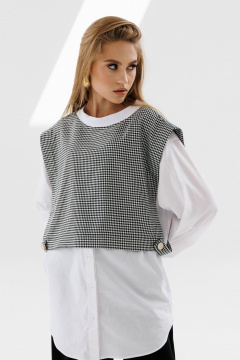 Рубашка и манишка прямого кроя с защипами и аккуратным вырезом NikVa 716-2 молоко+чёрно-белая_гусиная_лапка - фото 3