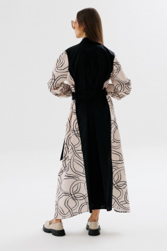Демисезонное классическое платье-рубашка в пол с пояском NikVa 718-3 чёрный+беж_разводы - фото 5