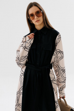 Демисезонное классическое платье-рубашка в пол с пояском NikVa 718-3 чёрный+беж_разводы - фото 4