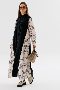 Демисезонное классическое платье-рубашка в пол с пояском NikVa 718-3 чёрный+беж_разводы - фото 3