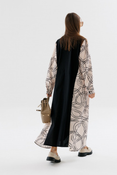 Демисезонное классическое платье-рубашка в пол с пояском NikVa 718-3 чёрный+беж_разводы - фото 2