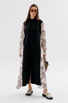 Демисезонное классическое платье-рубашка в пол с пояском NikVa 718-3 чёрный+беж_разводы - фото 1