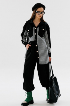 Брюки свободного покроя из текстиля с заужением NikVa 727-1 чёрный+чёрно-белая_гусиная_лапка - фото 3