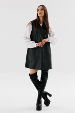 Демисезонное мини платье трапеции из экокожи с карманами NikVa 736-1 чёрный - фото 3