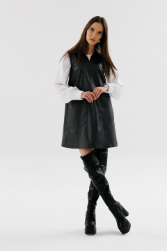 Демисезонное мини платье трапеции из экокожи с карманами NikVa 736-1 чёрный - фото 2