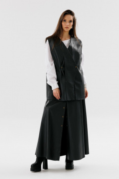 Демисезонный костюм 2 предмета из экокожи с юбкой и жилетом NikVa 741-1 чёрный - фото 1