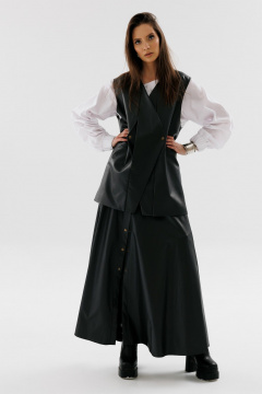 Юбка солнце из экокожи с карманами и узким поясом NikVa 742-1 чёрный - фото 1